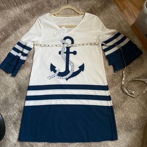 Womens navy blue and white dress with Anchor on front of this dress NWT